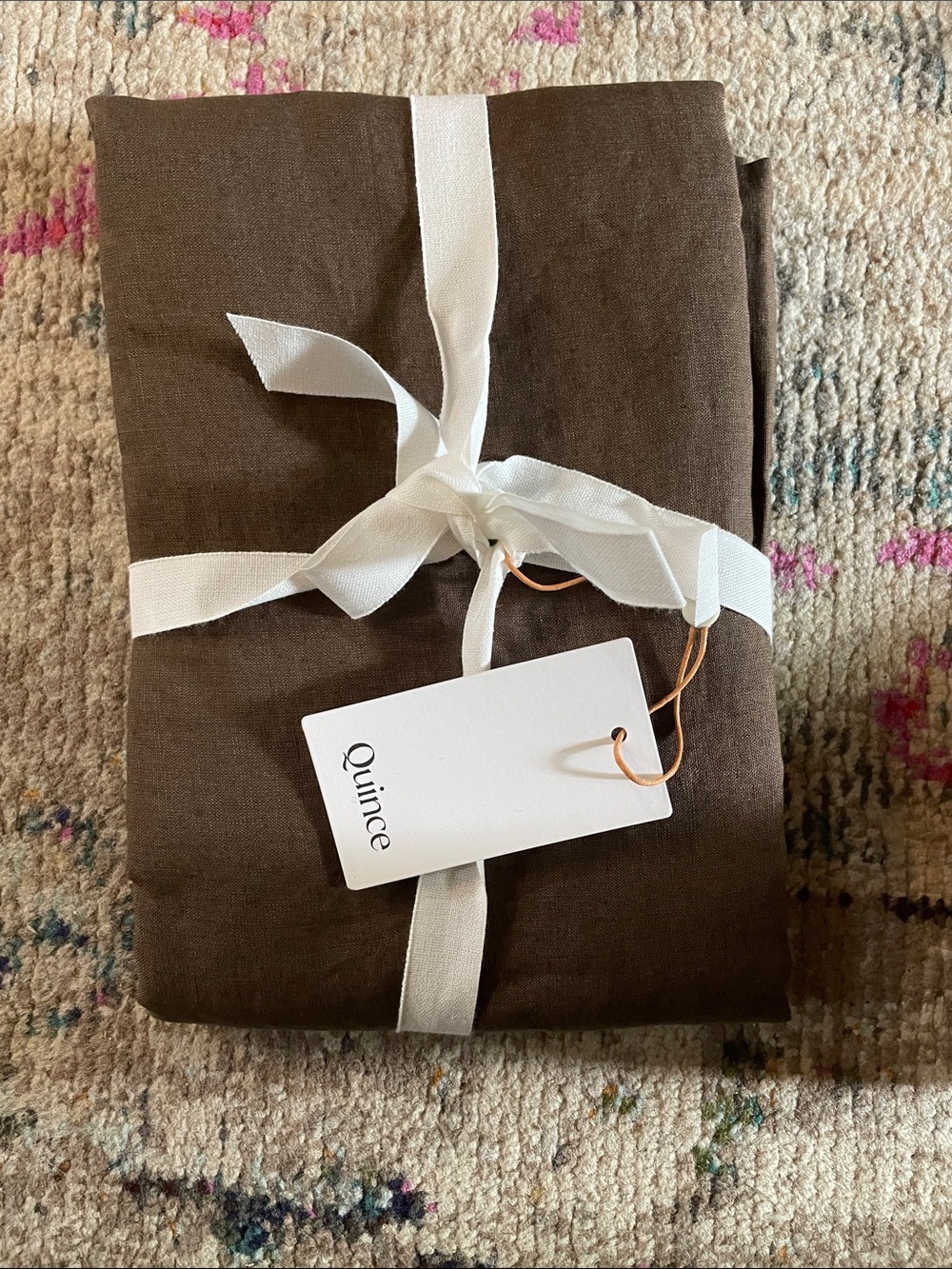 Quince Brown Linen pillow case  Set with White Ribbon